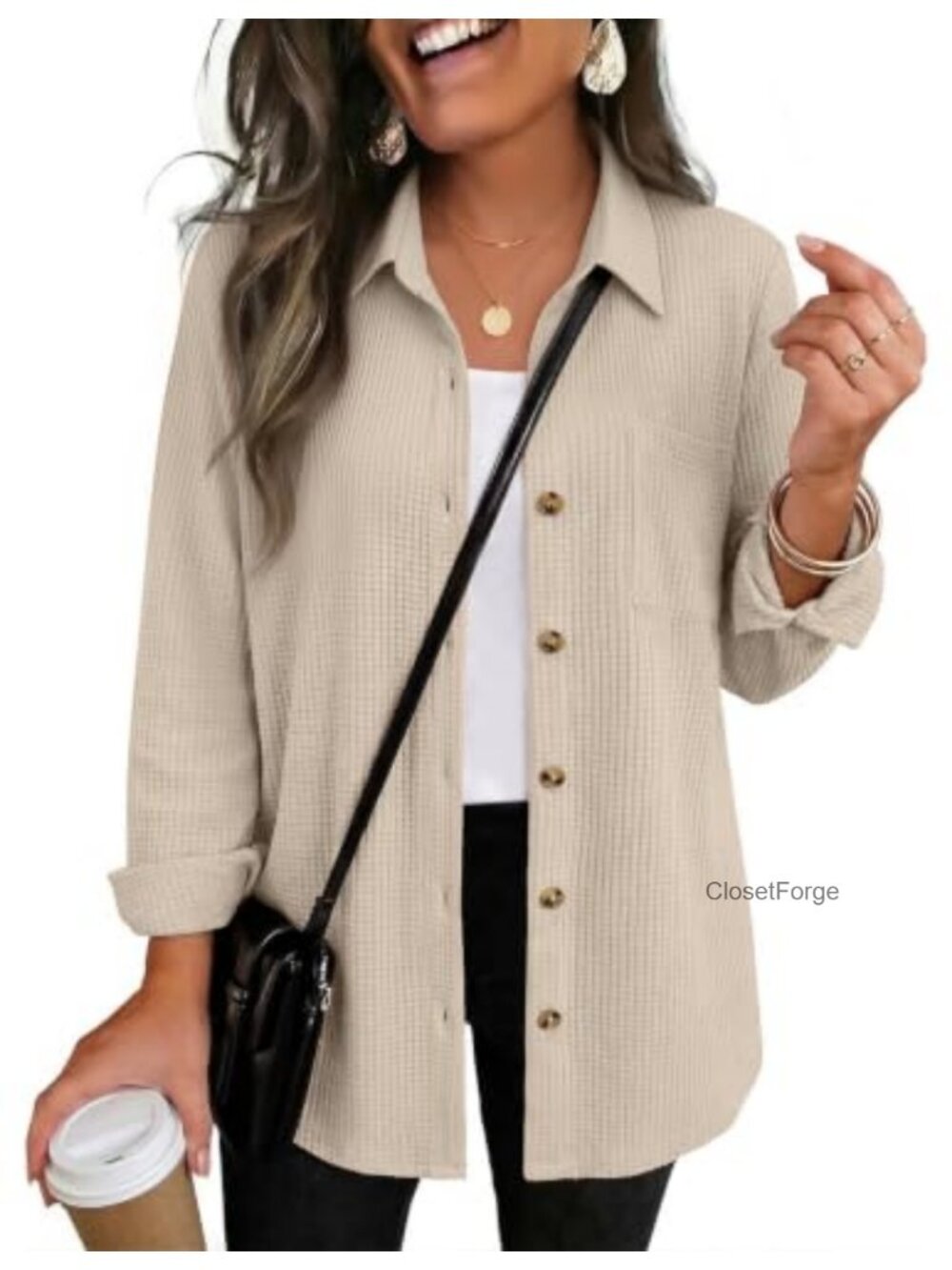Waffle Knit Shacket Women Long Sleeve Button Down Shirt with Pocket